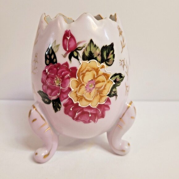 Pink Cracked Footed Egg Rose Vase C1084 Japan Gold Trim 5'' Vintage Easter Egg - Picture 1 of 8